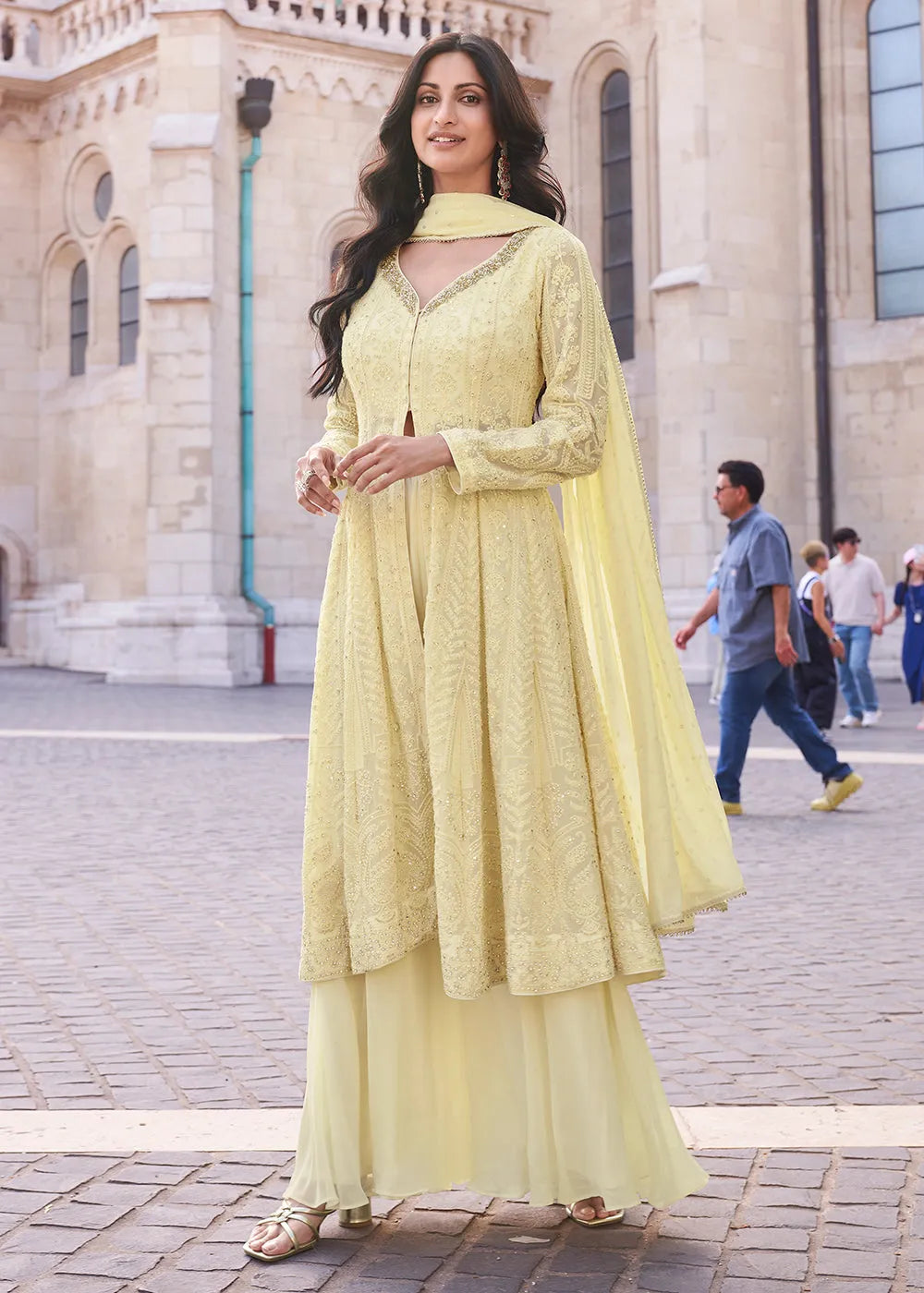 Glowing Embroidered Light Yellow Anarkali Style Sharara Suit Outlet New Styles