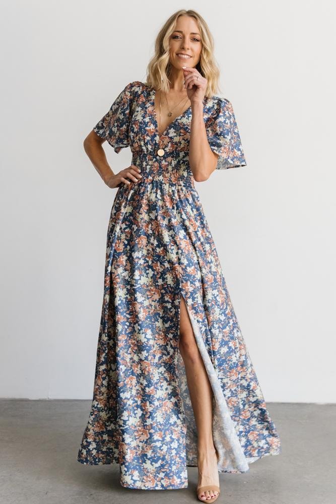 Verona Smocked Maxi Dress | Blue Floral Cheap Sale Enjoy