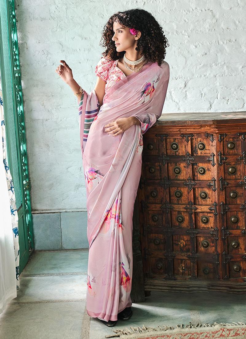 Pink Printed Saree With Fancy Blouse With Mastercard Cheap Pice