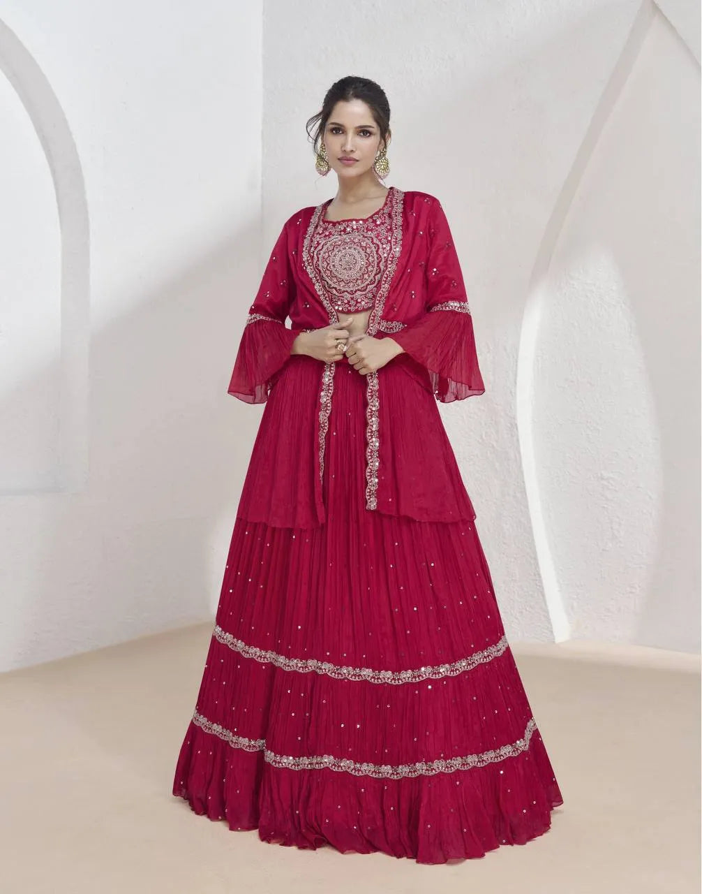 Ravishing Red Embroidered Chinon Lehenga Choli With Jacket Brand New Unisex