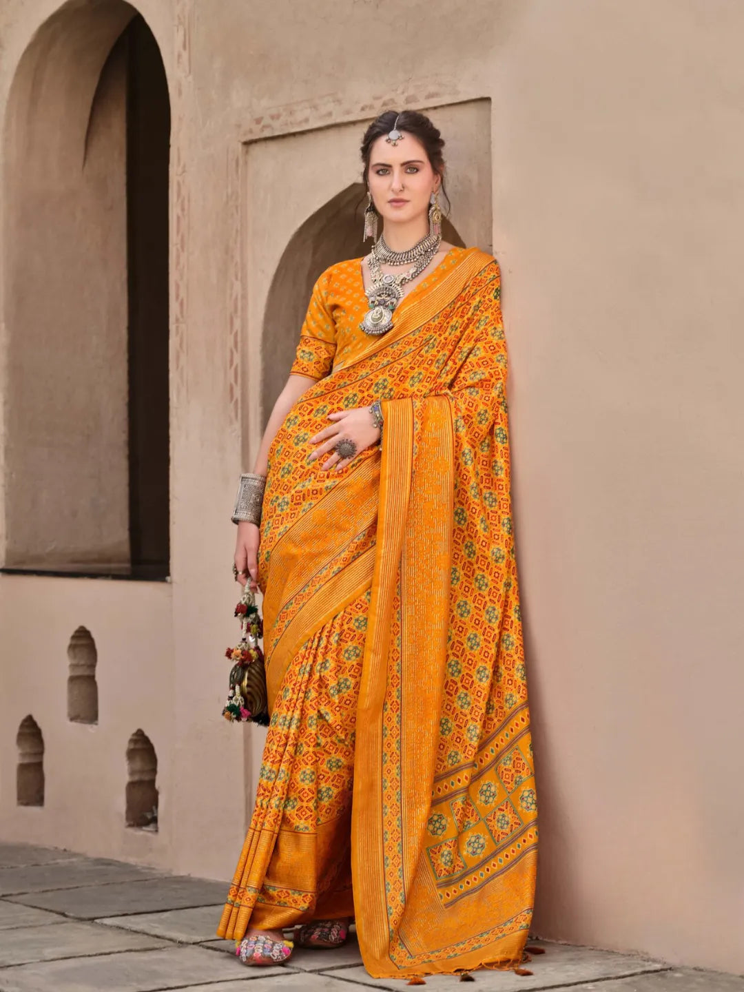 Marvelous Mustard Ajrakh Printed Sigma Silk Traditional Saree Outlet Amazing Pice