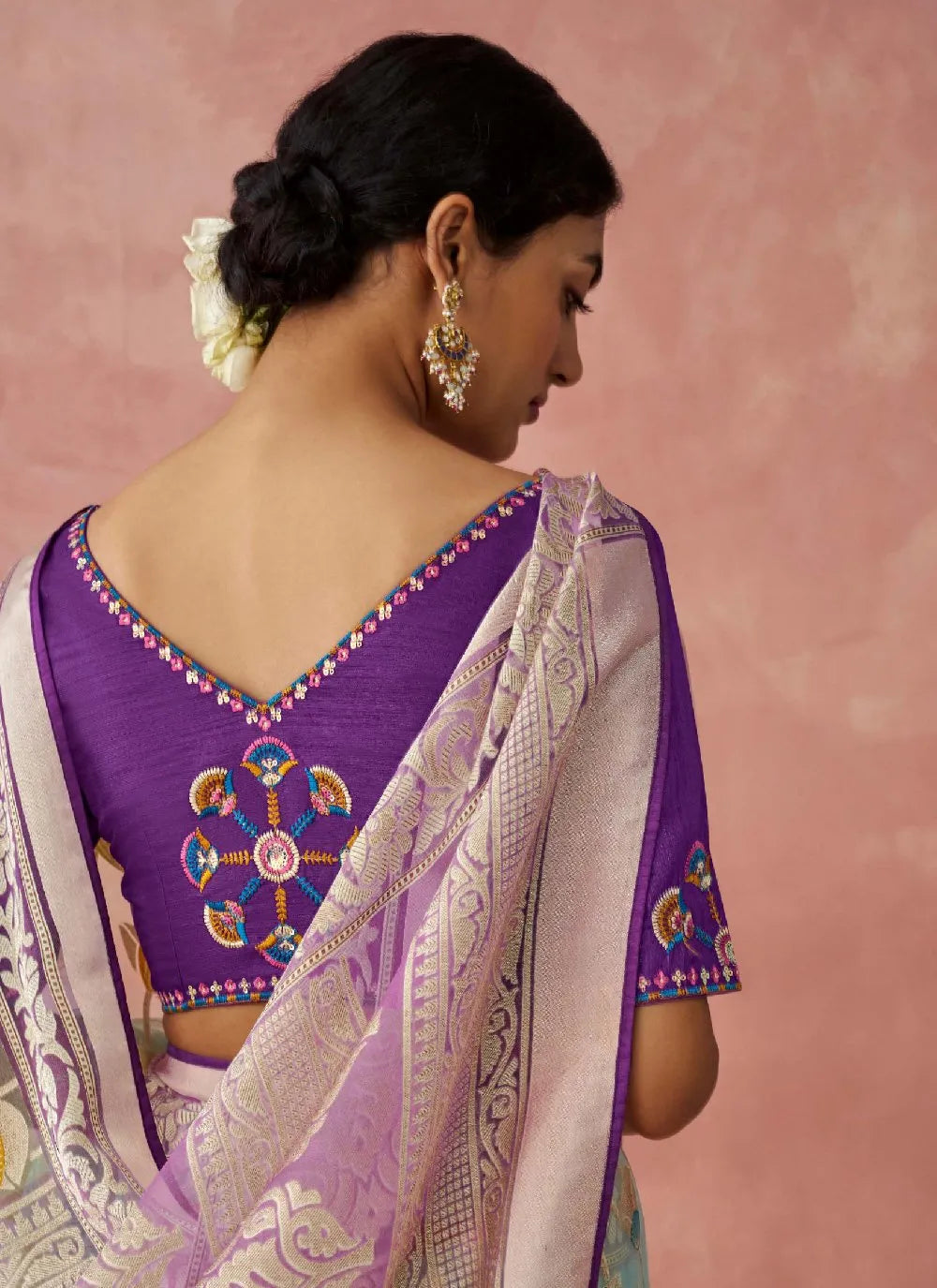 Mauve and Turquoise Organza Printed Woven Worked Saree Official