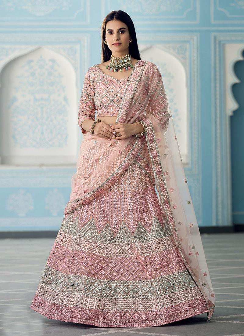 Peach Color Organza Fabric Mirror Work Lehenga Choli Where To Buy