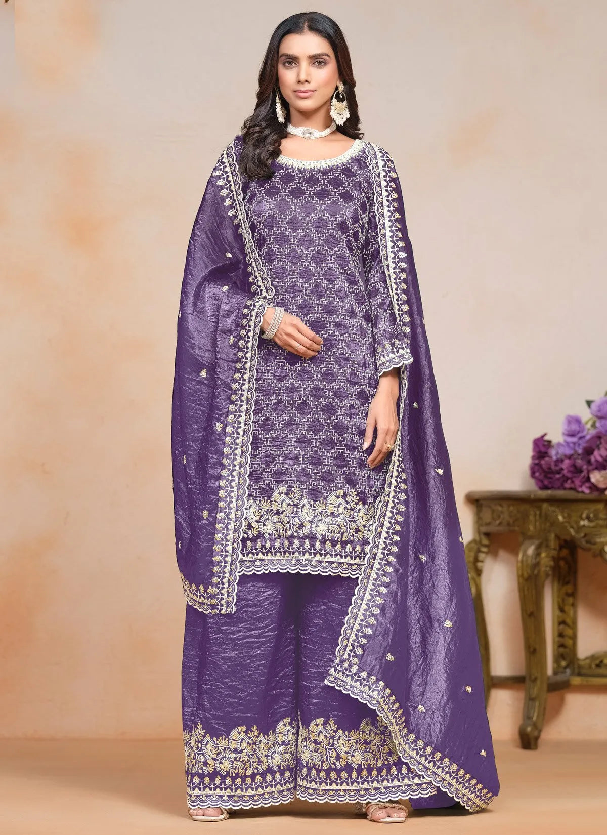 Passionate Purple Crush Embroidered Work Palazzo Suit Stockist Online