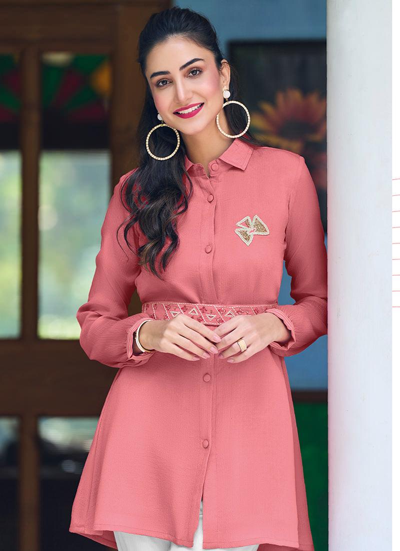 Hand Work Pink Designer Kurti With Belt For Sale Free Shipping