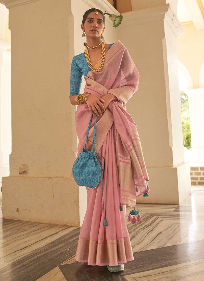 Pink Organza Saree With Contrast Blouse Cheap Sale Low Pice Fee Shipping