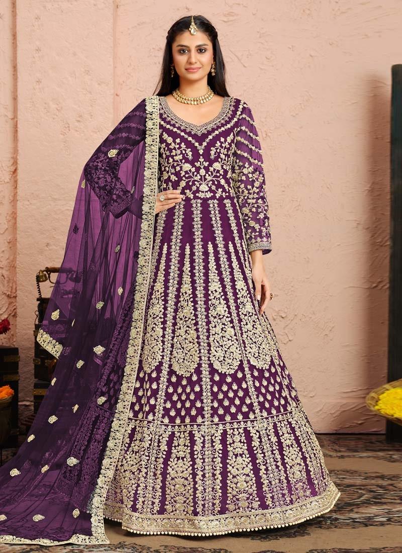 Soft Net Fabric Purple Color Zari Work Fabulous Designer Gown Really For Sale