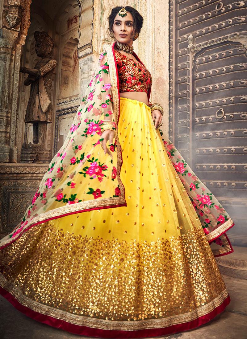 Outstanding Mustard Yellow Soft Net Sequin And Zari Work Lehenga Choli 2025 Online