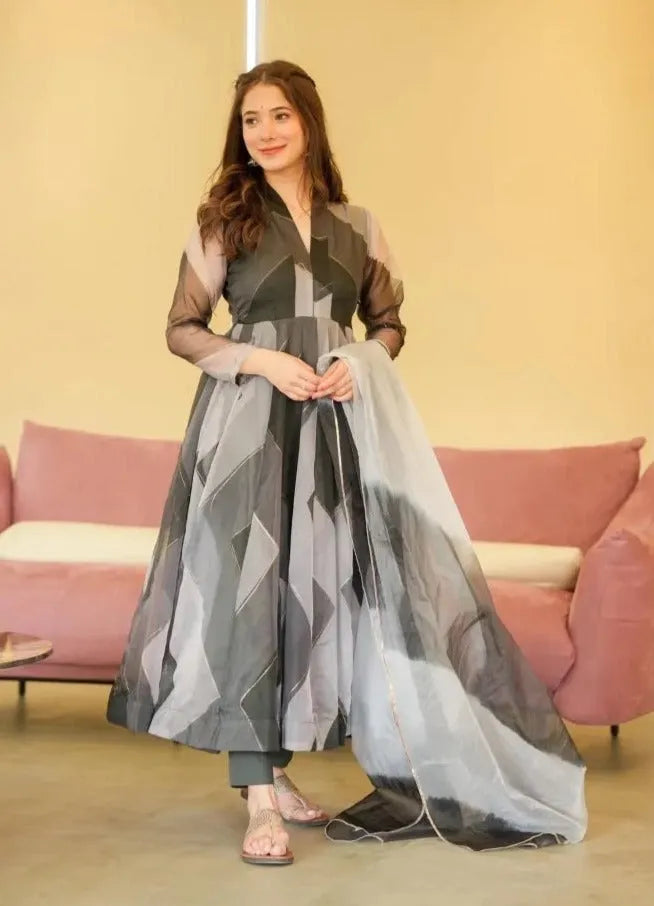 Black Gray Position Foil Pure Organza Silk Anarkali Pant Suit Cheap Sale With Mastercard