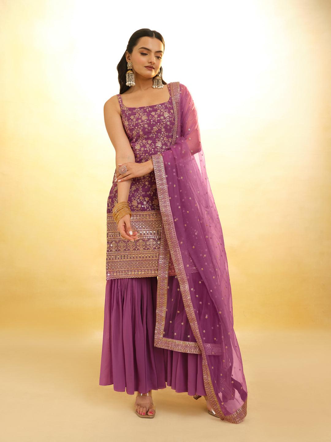 Lilac Embroidered Georgette Sharara Suit with dupatta Cheap Pice Original