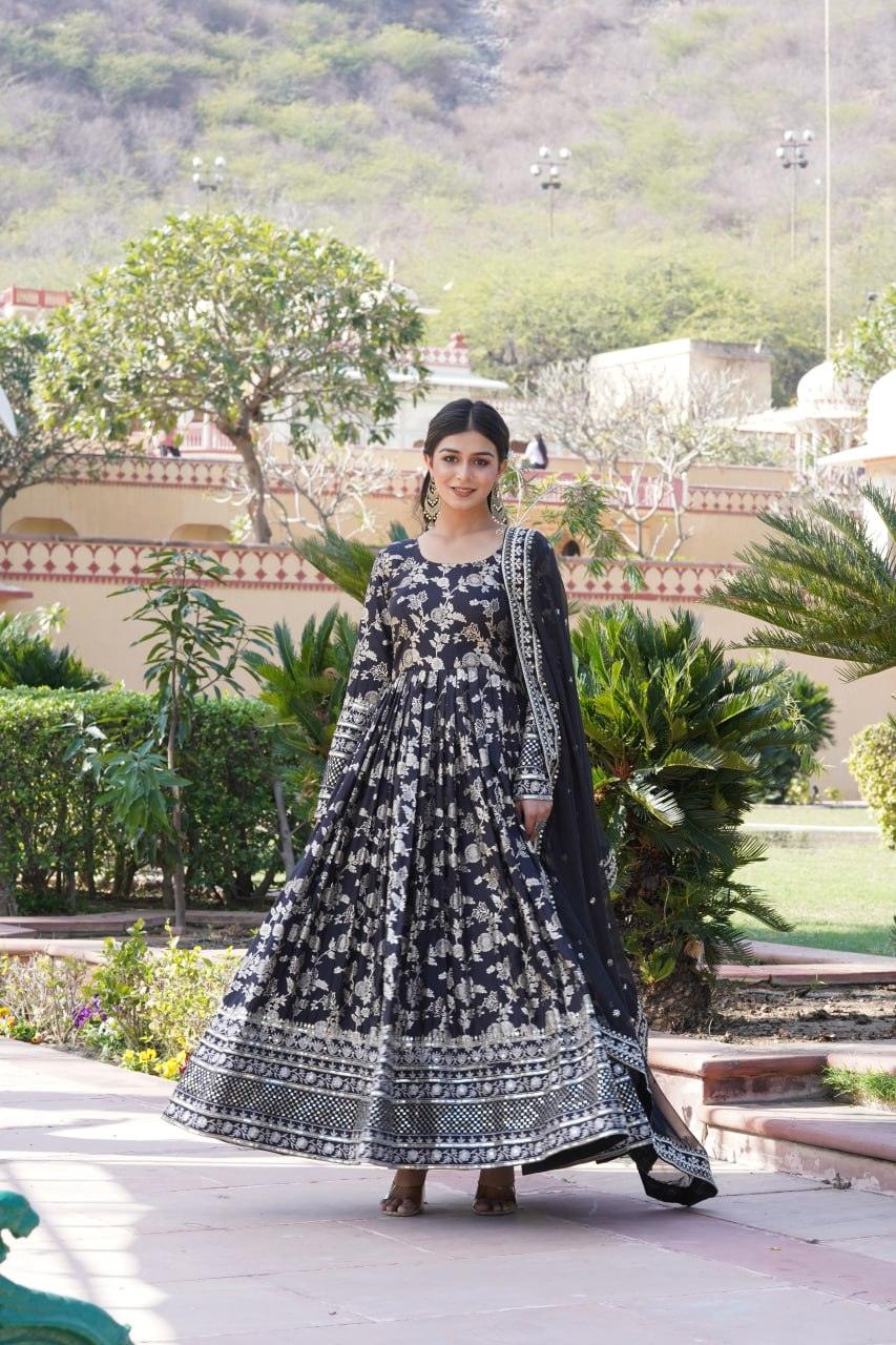 Stunning Viscous Jacquard Sequins Embroidered Worked Gown With Dupatta Clearance Store Sale Online