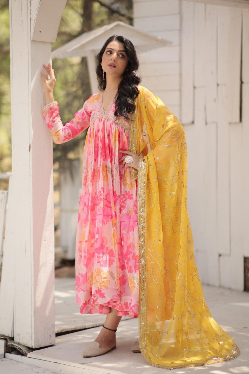 Amazing Russian Silk Floral Digital Printed Gown With Dupatta View For Sale