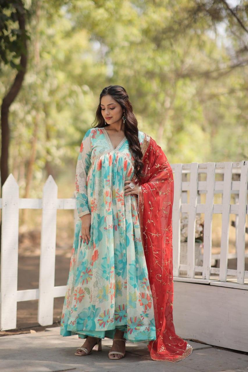 Amazing Russian Silk Floral Digital Printed Gown With Dupatta View For Sale