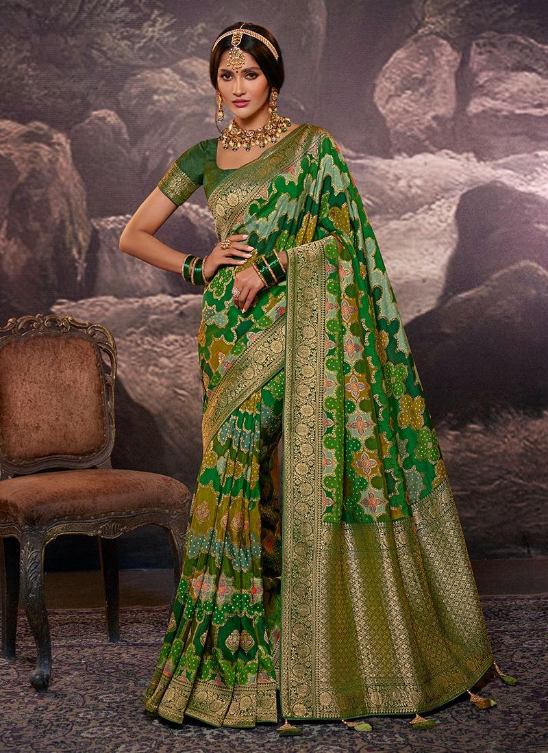 Green Color Dola Silk Weave Printed Saree Buy Cheap Best Pices