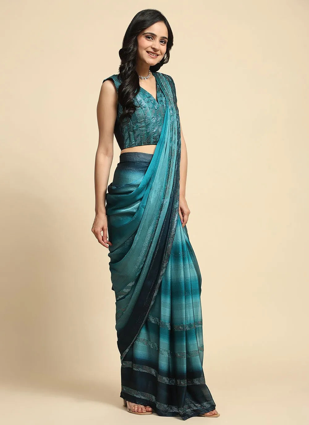 Smalt Blue Pure Satin Silk Stone Lace Border Worked Ready To Wear Saree Best Wholesale Online