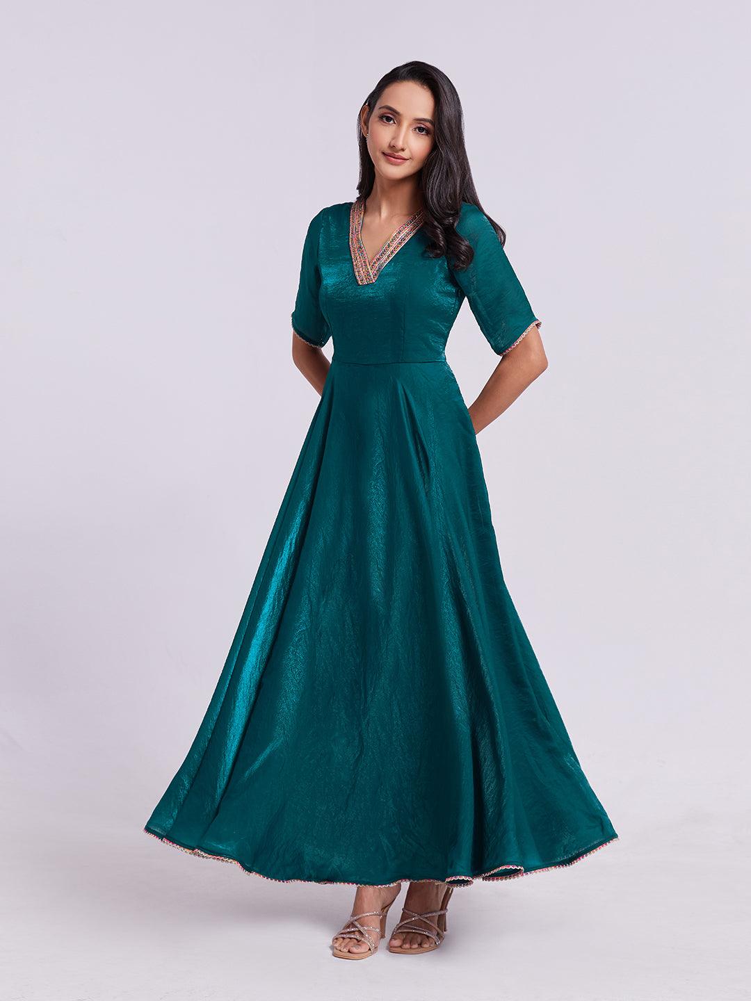 Teal organza Ready-to-wear A-line V-neck Gown Cheap Sale Release Dates