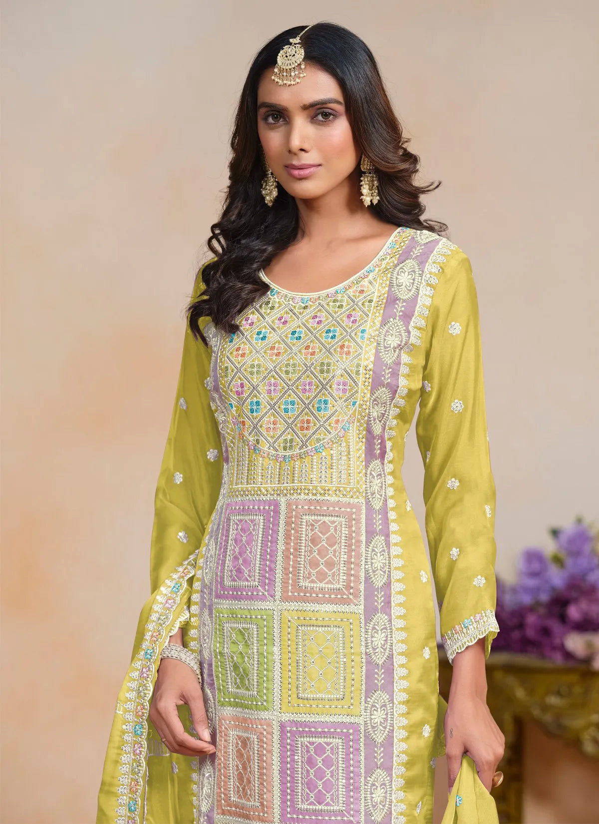 Luminous Yellow Embroidered Work Organza Salwar Kameez Outlet Marketable