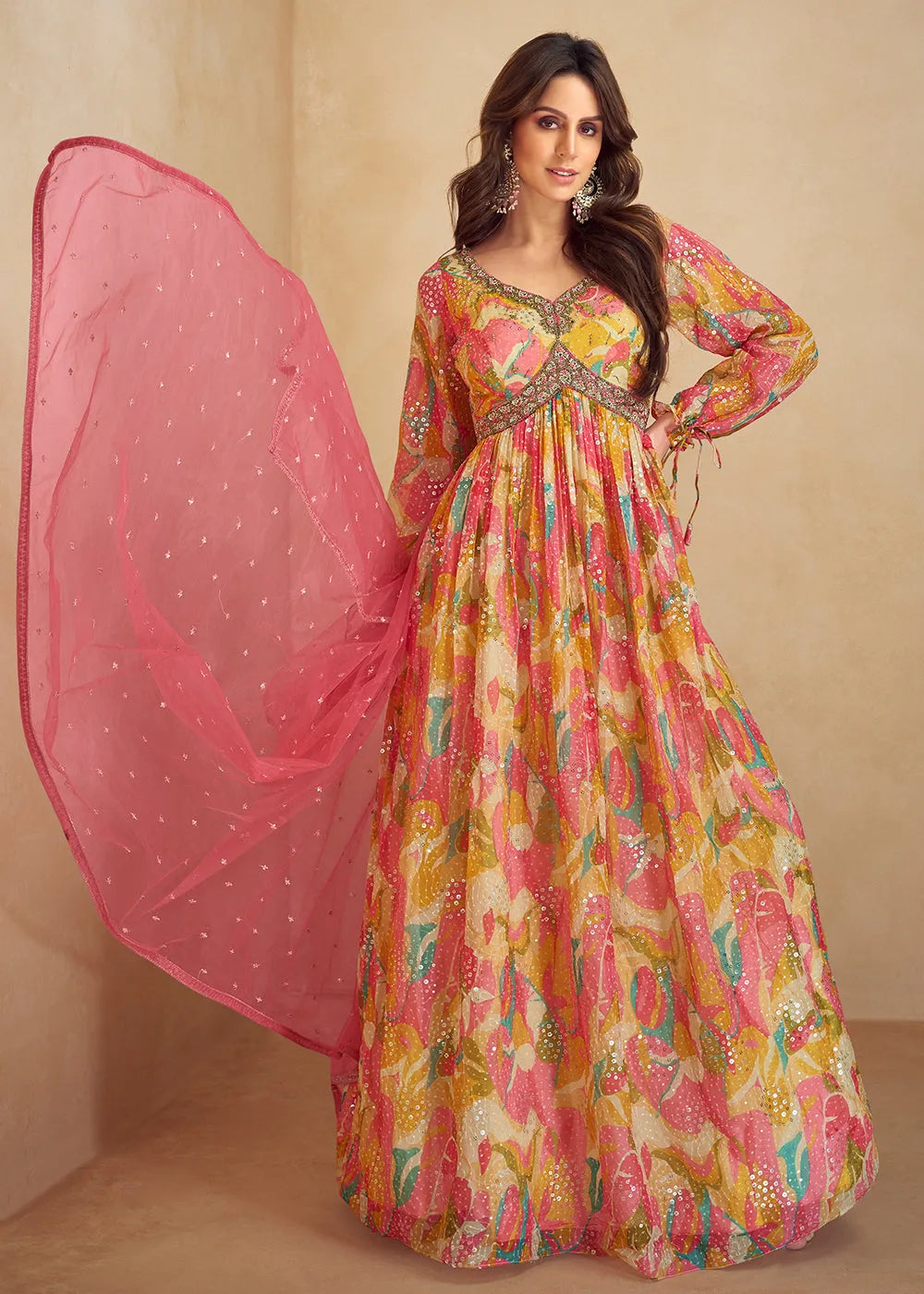 Multicolored Pure Chinon Printed Mirror Handworked Designer Gown Sale Clearance