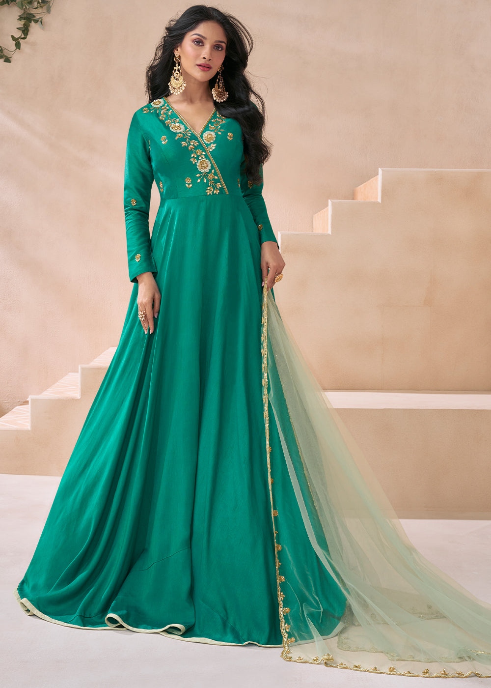 Elegant Cyan Green Pure Silk Embroidered Anarkali Suit Newest Online