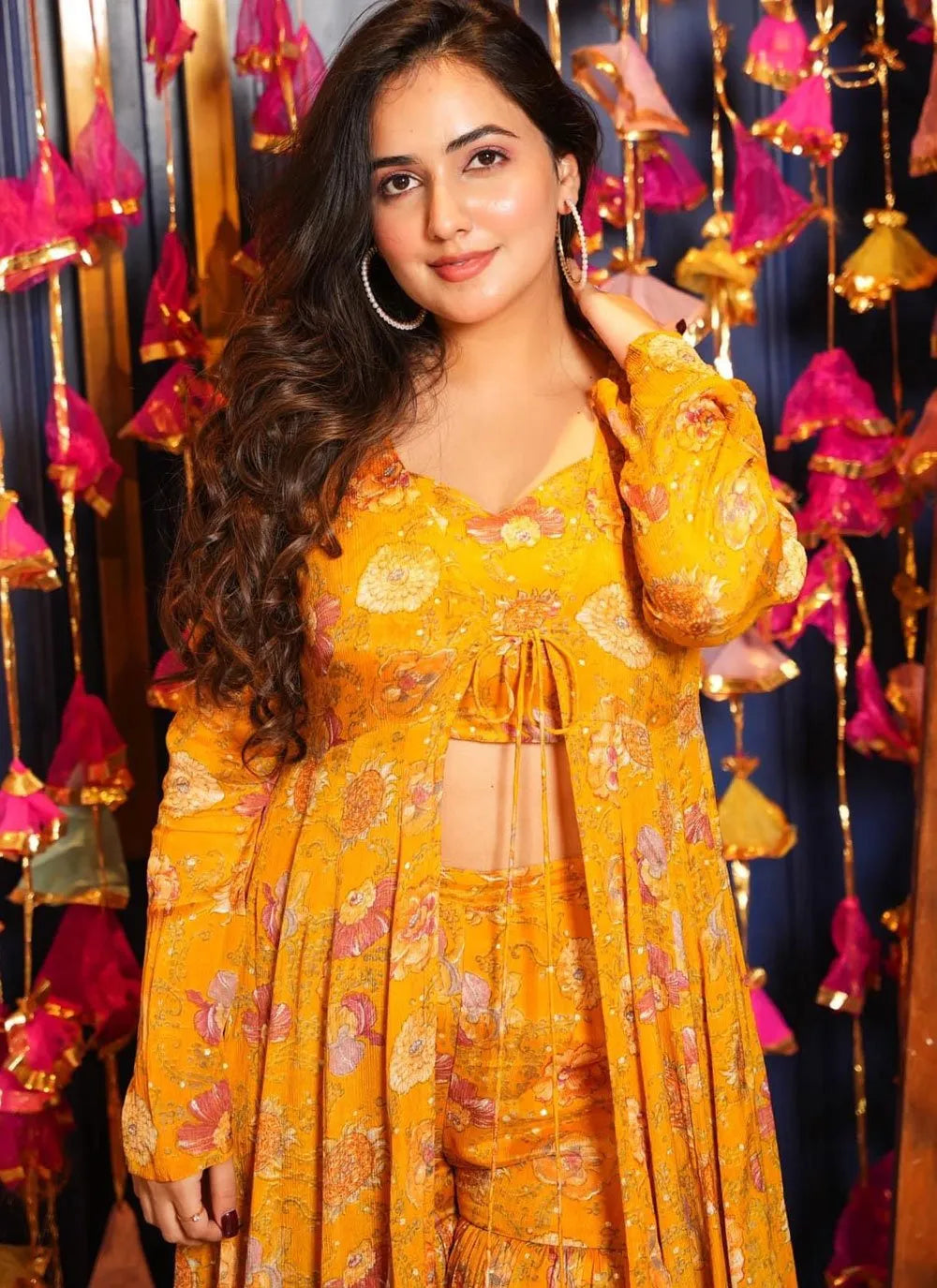 Yellow Heavy Chinon Floral Printed Jacket Style Top Sharara Suit Looking For Cheap Pice