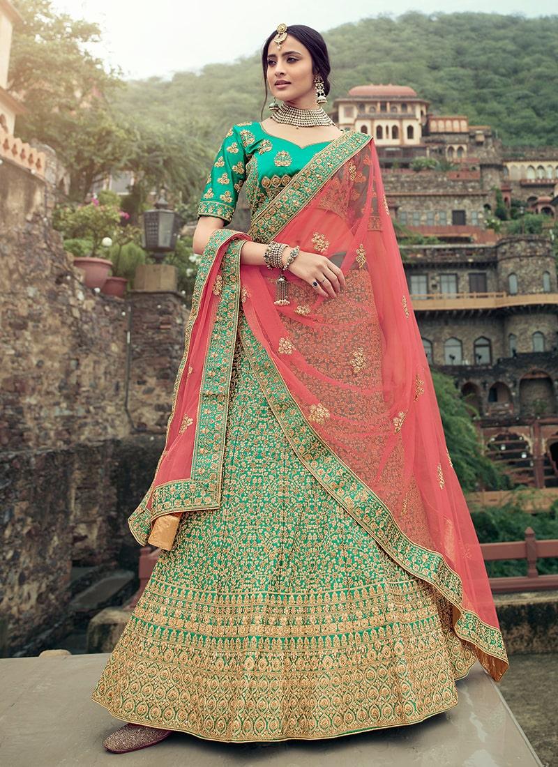 Sea Green Color Stone Work Satin Fabric Lehenga With Net Dupatta 2025 Unisex Online