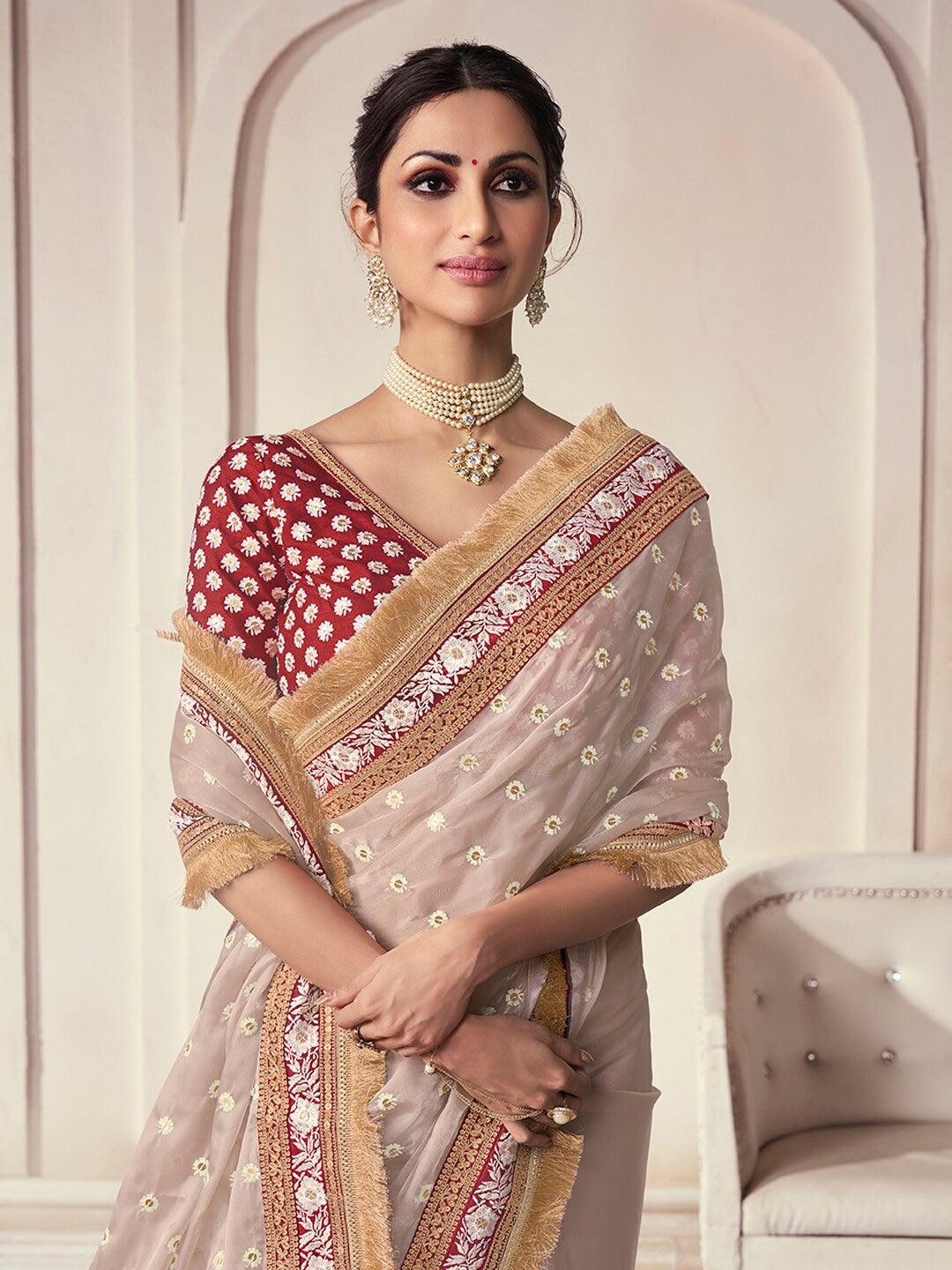 Beige color Organza Embroidered  Classic Saree Buy Online