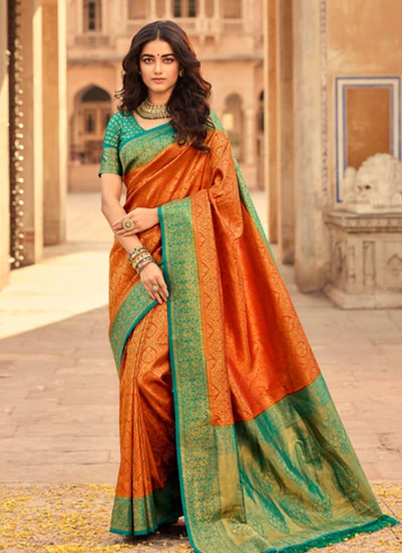 Desirable Orange Color Kanjiveram Soft Silk Saree With Silk Weave Enjoy Cheap Online