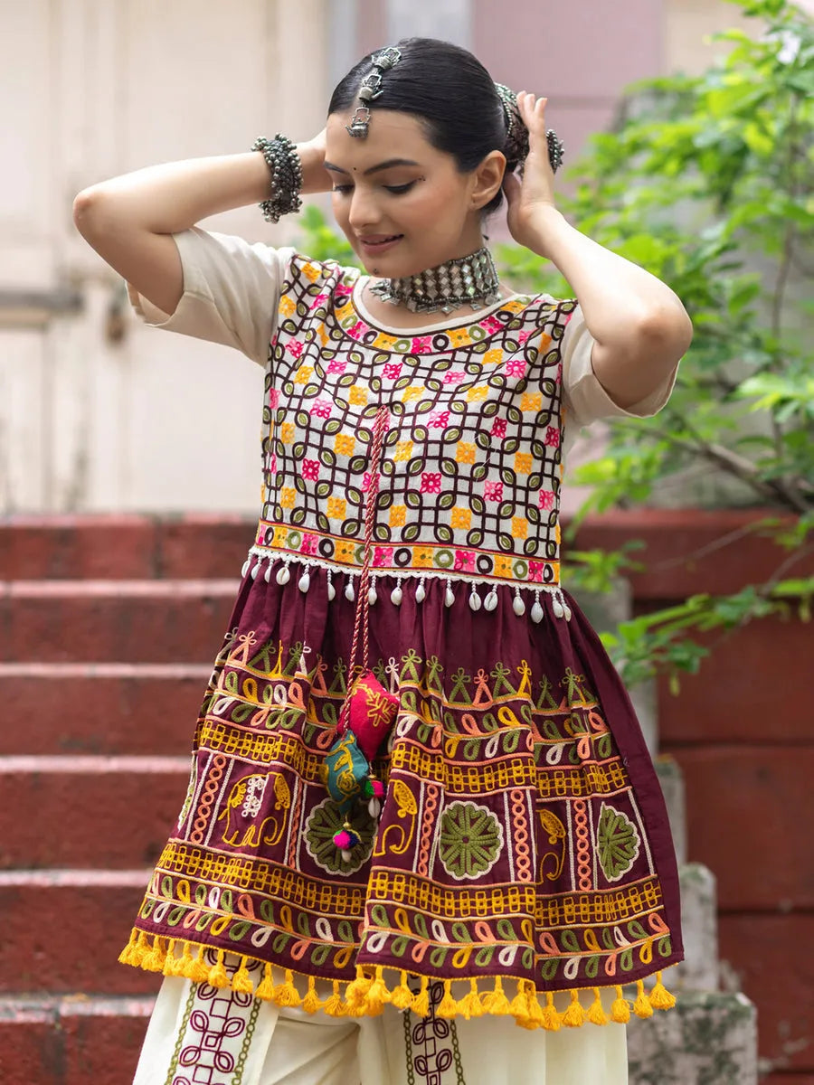 Off-White and Wine Embroidered  Kedia Set for Navratri On Hot Sale