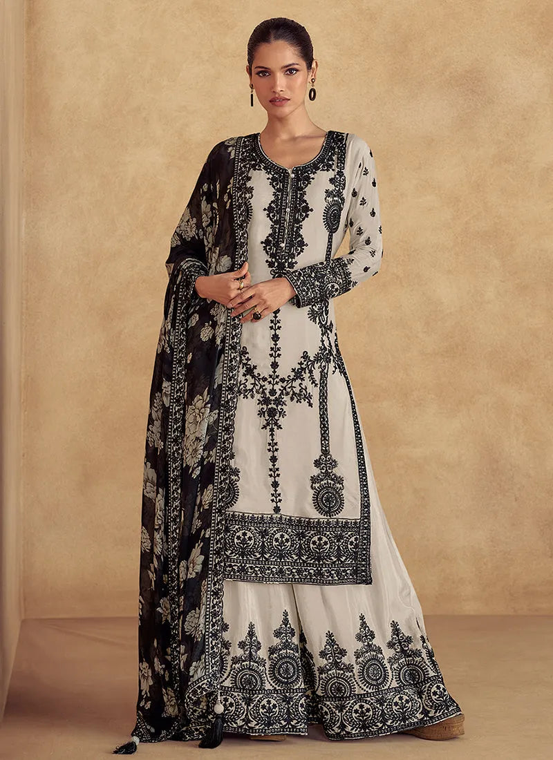 Heavenly Off-White Thread Embroidered Traditional Palazzo Suit Sale 100% Original