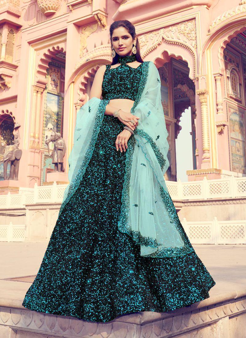 Alluring Black Color Lehenga Choli With Turquoise Color Dupatta Set Looking For For Sale