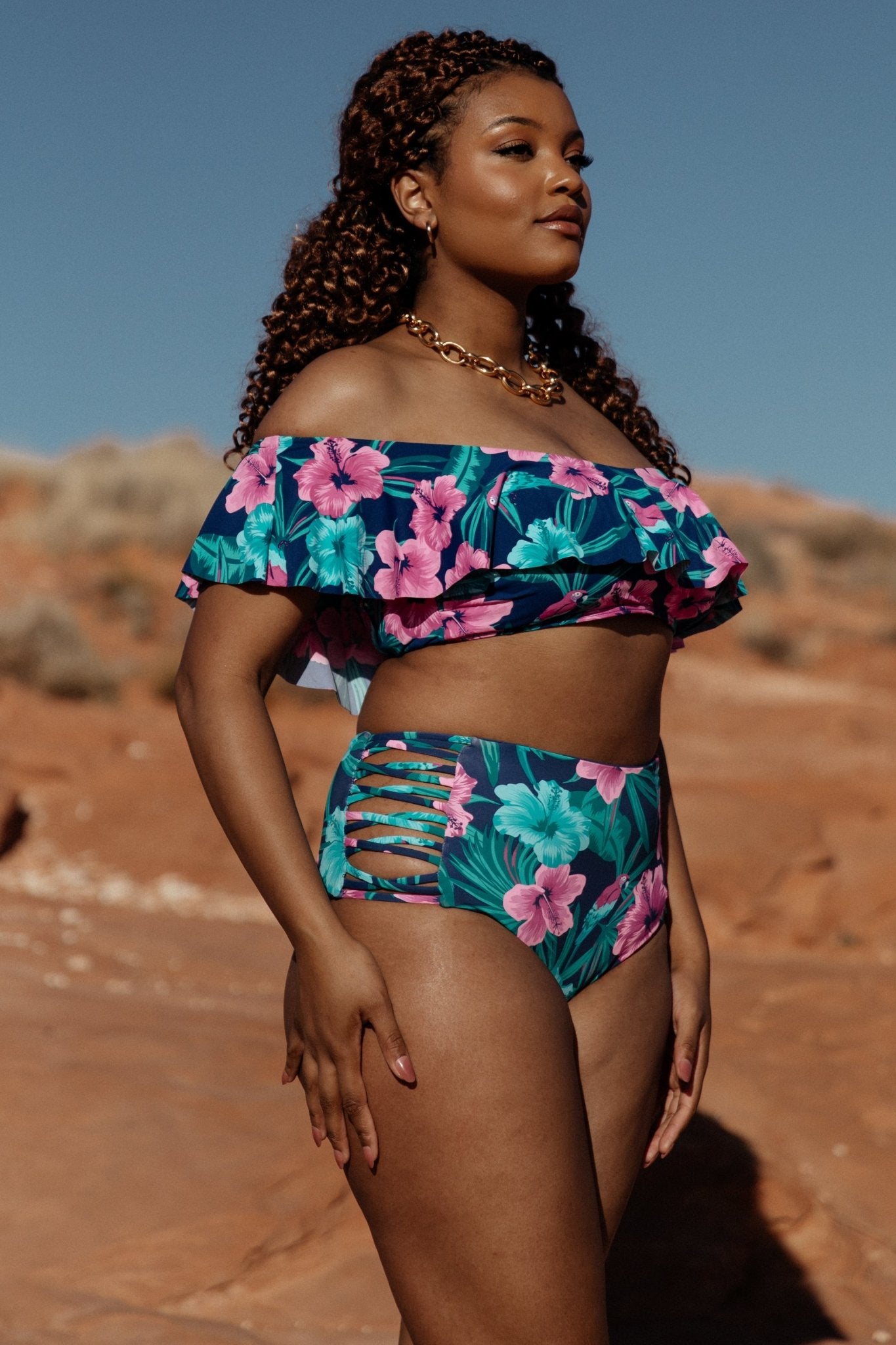 Keke Off Shoulder Bikini Top | Navy Tropical Floral Footlocker Pictures