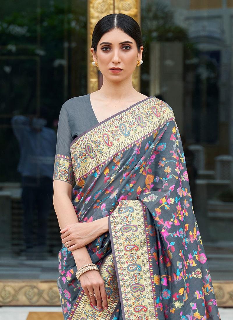 Dashing Look Grey Color Silk Material Silk Weaving Saree Geniue Stockist Cheap Online