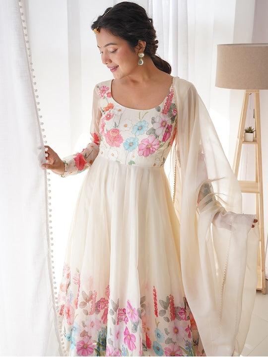 Cream silk Floral Printed anarkali suit with dupatta Cheap Sale View