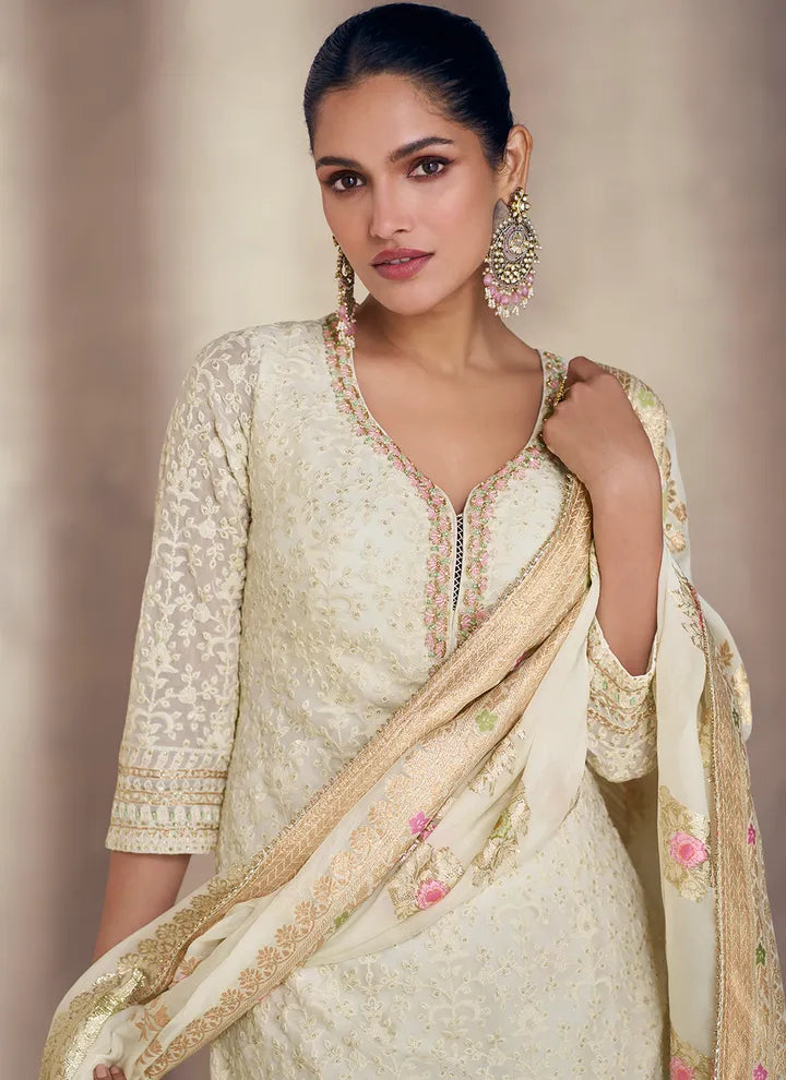 Cream Georgette Sharara Suit with Handcrafted Sequins Embellishments Buy Cheap How Much