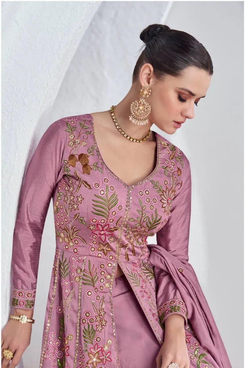 Ethnic Designer  Mauve Viscos Silk Embroidered Gown With Skirt Authentic For Sale