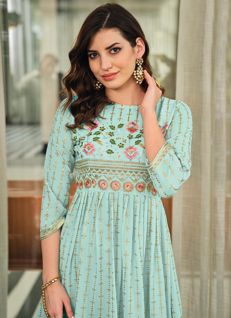 Boat Neck Sequins Work Sky Blue Palazzo Suit Discount Best Pices