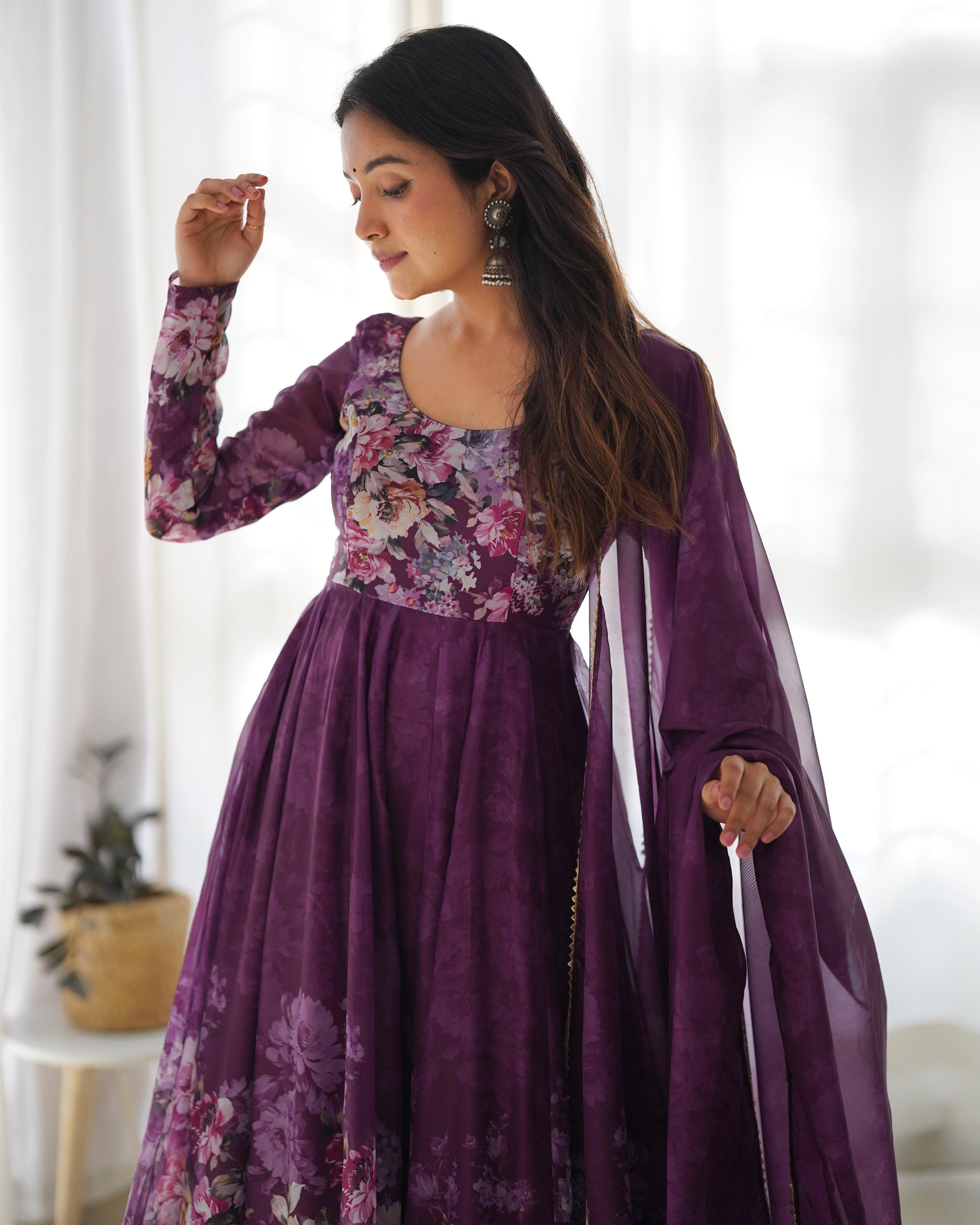 Wine Color Organza Printed Anarkali Suit With Dupatta Sast Online