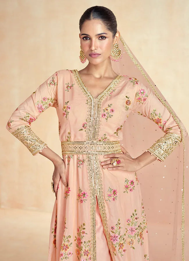 Pristine Peach Embroidered Slit Style Anarkali Suit Online Cheap Pice