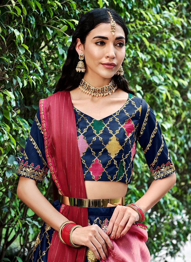 Silk Base Navy Blue Embroidered Lehenga Authentic Online