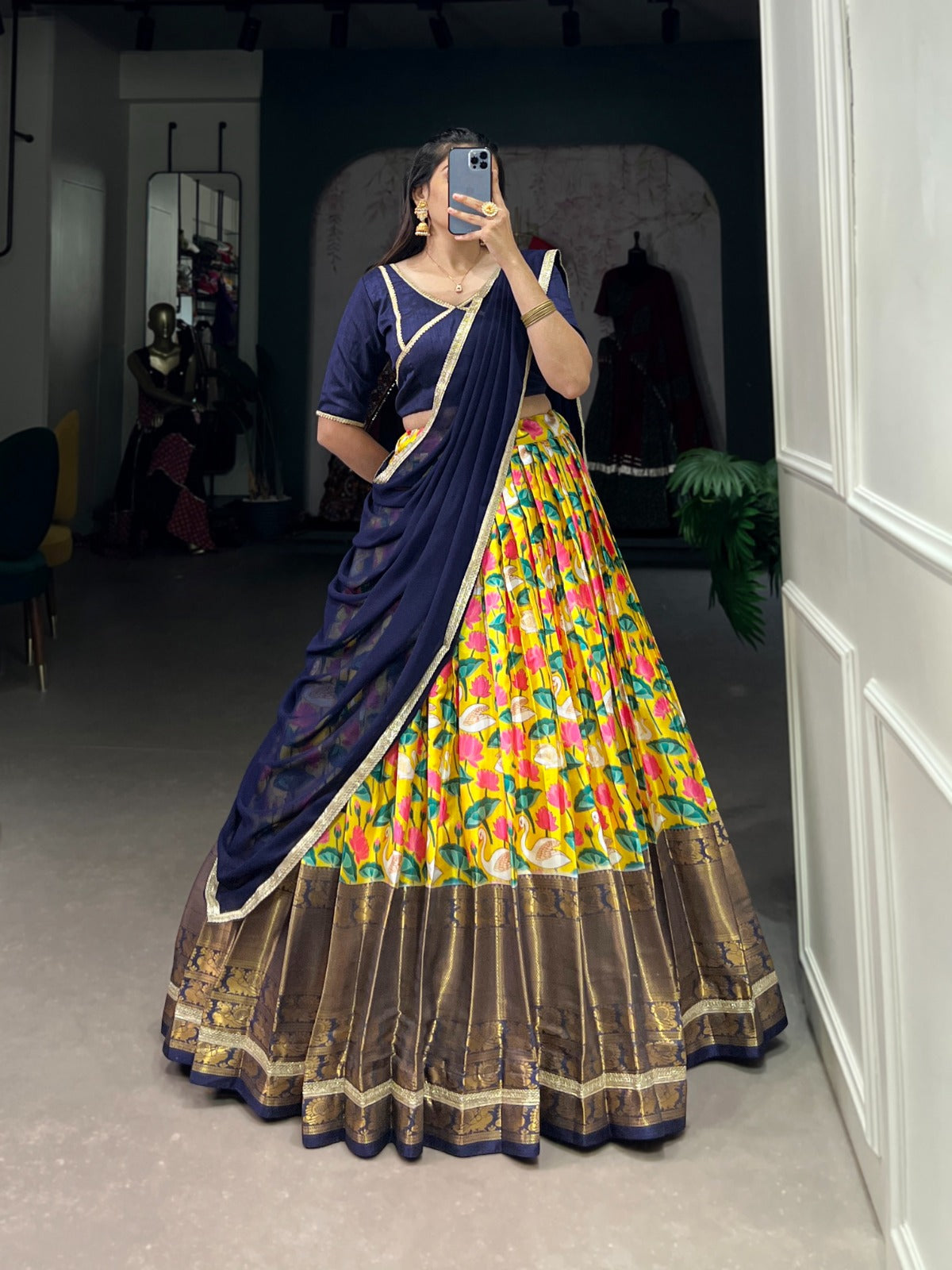 Exquisite Mysore Silk Pichwai Printed Zari Weaved Lehenga Choli Online For Sale