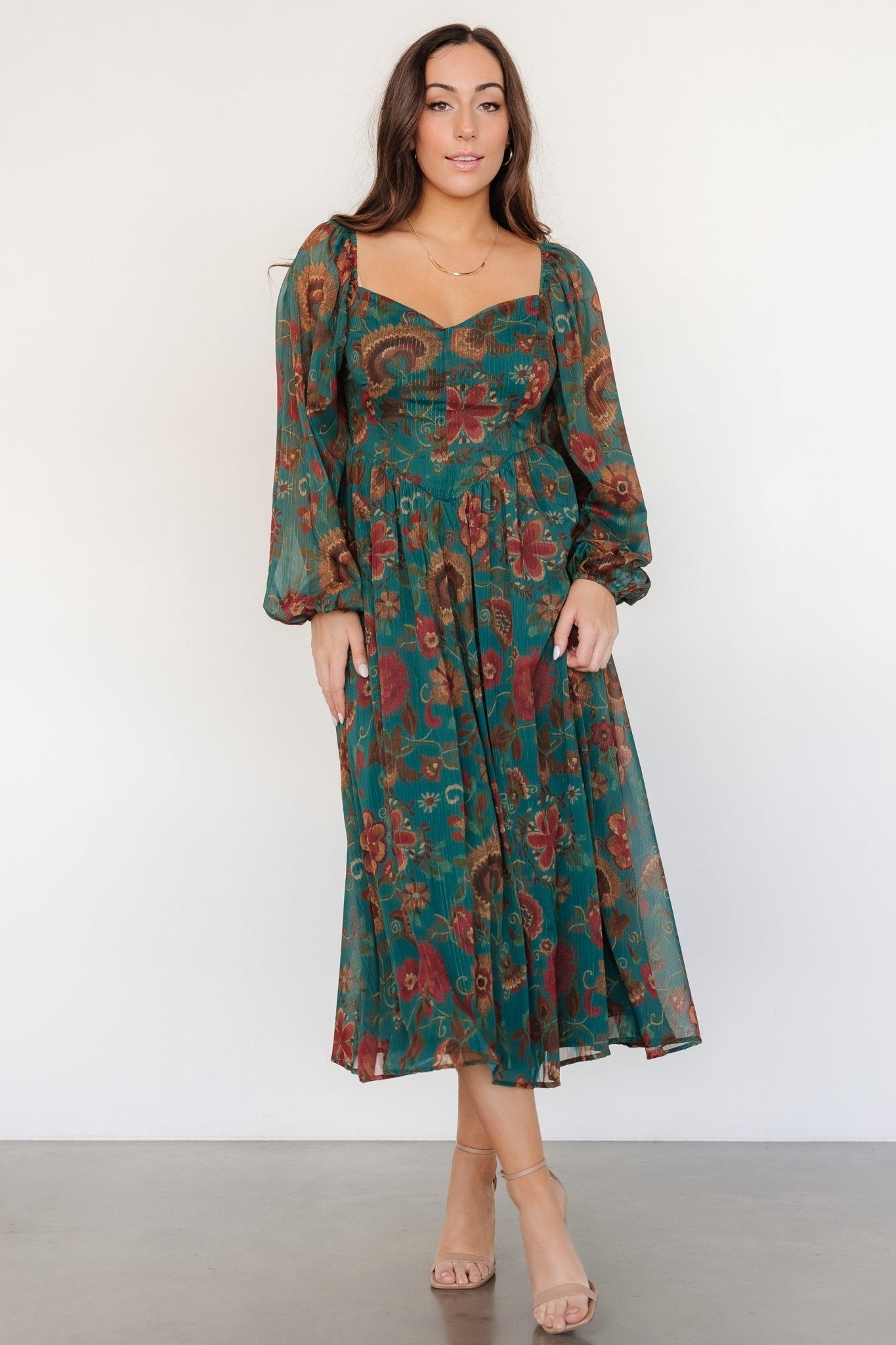 Babette Basque Waist Dress | Teal Multi Floral Big Discount Cheap Pice