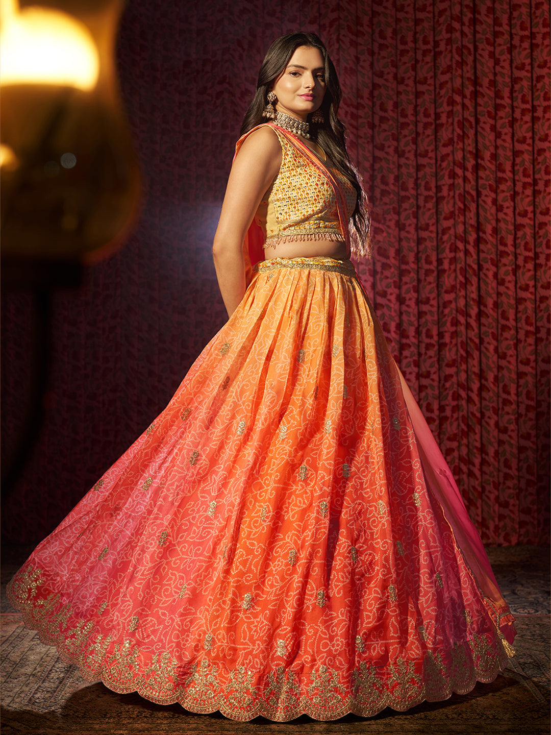 Gorgeous Orange Printed or Embroidered Organza Lehenga Choli Free Shipping Manchester