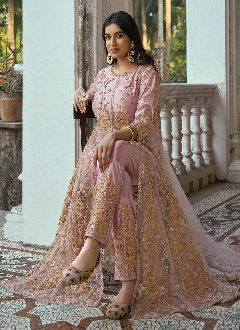 Resham Work Pink Soft Net Slit Cut Suit Sale With Paypal