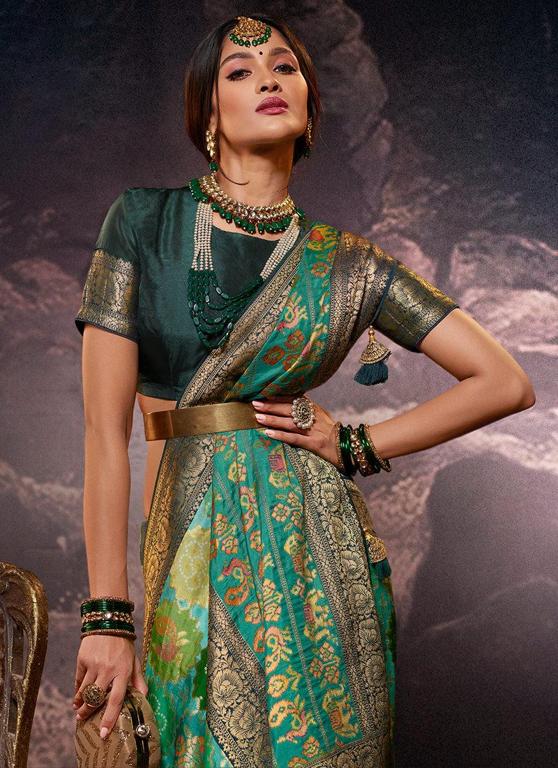 Turquoise Color Dola Silk Weave Printed Saree Sale Manchester