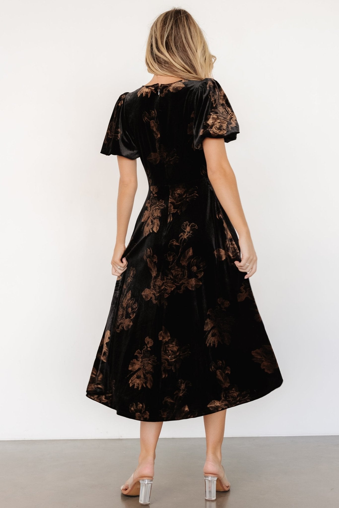 Janna Velvet Midi Dress | Black + Bronze Floral Deals Cheap Pice