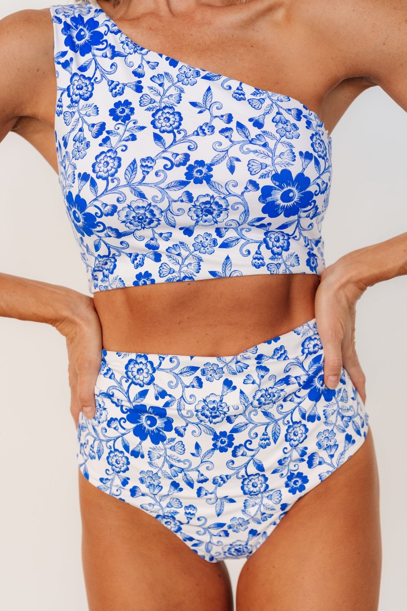 Bali One Shoulder Bikini Top | White + Cobalt Floral Discount 2025 Newest