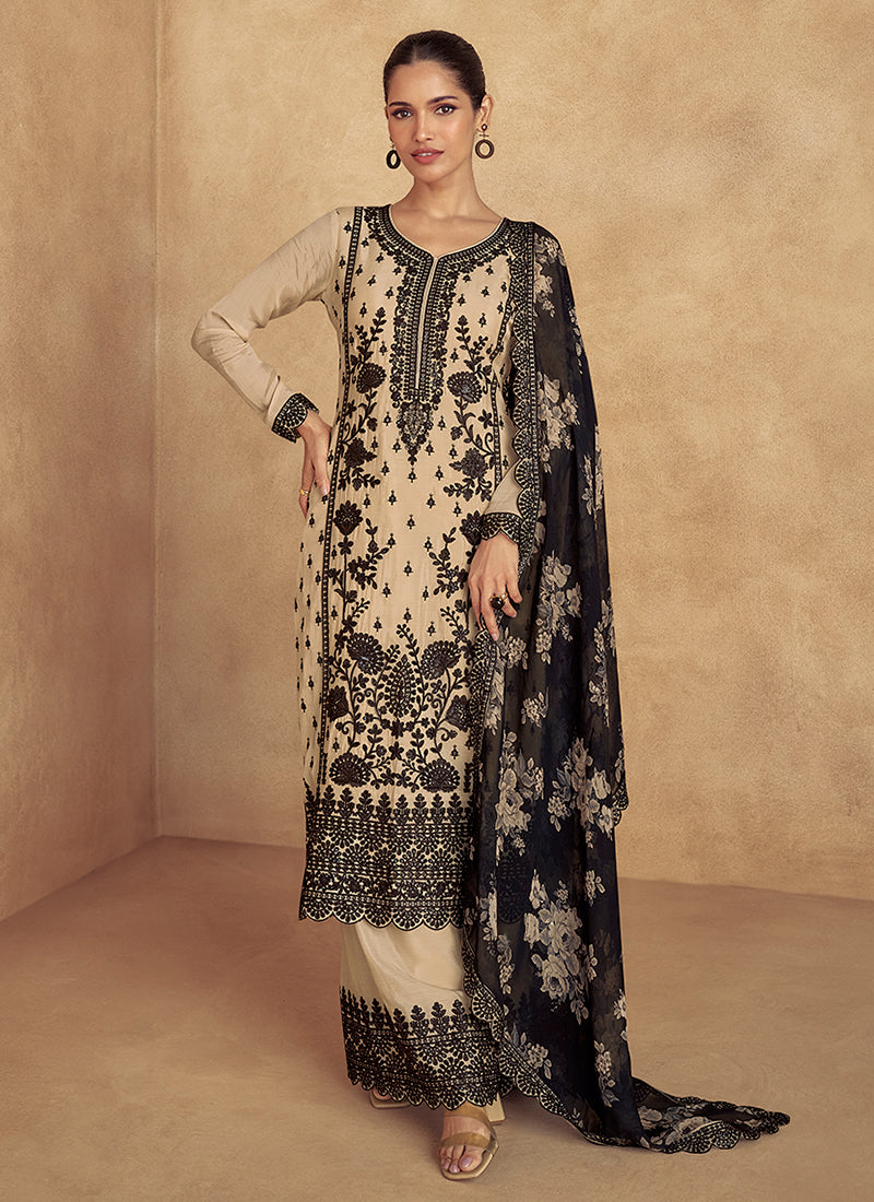 Outstanding Beige Thread Embroidered Traditional Palazzo Suit Clearance Websites