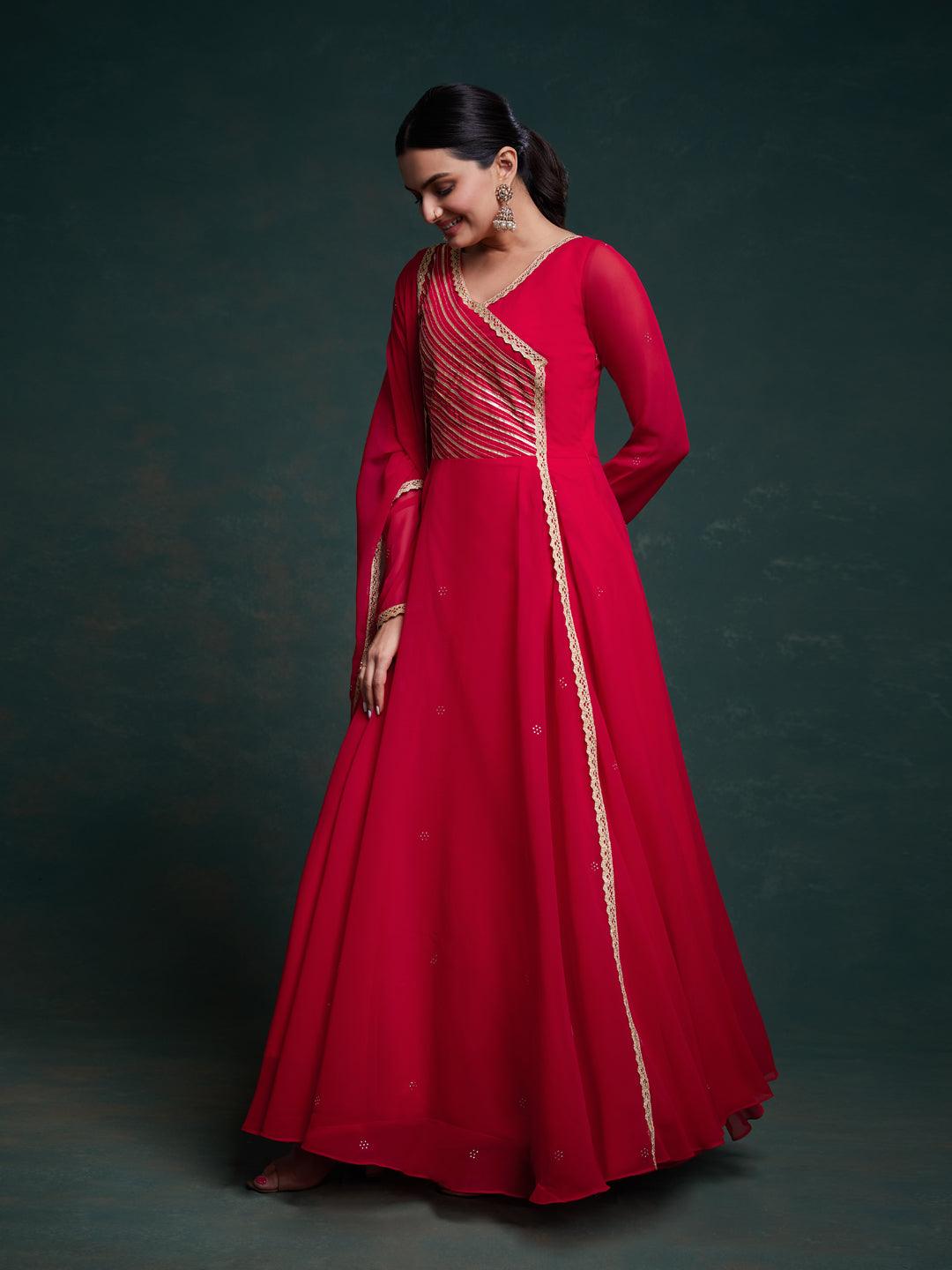 Red color gotta patti gown with dupatta Low Shipping Fee Online