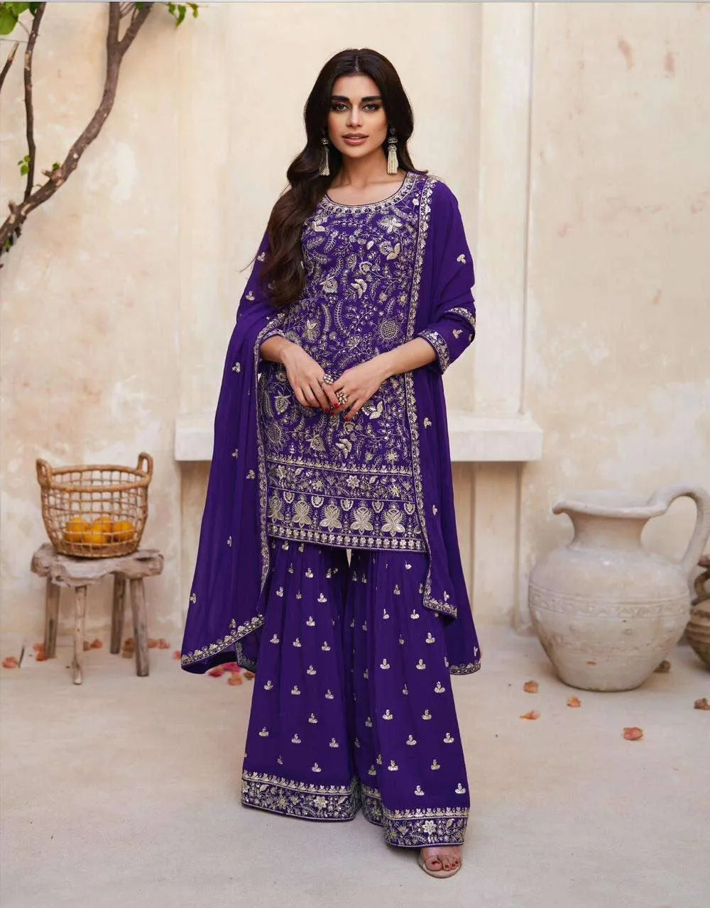 Charming Dark Purple Georgette Embroidered Sharara Suit Clearance 2025