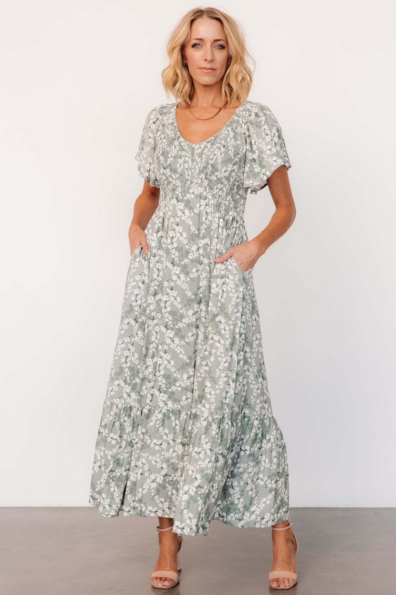 Joanie Smocked Dress | Sage + Off White Floral Clearance With Mastercard